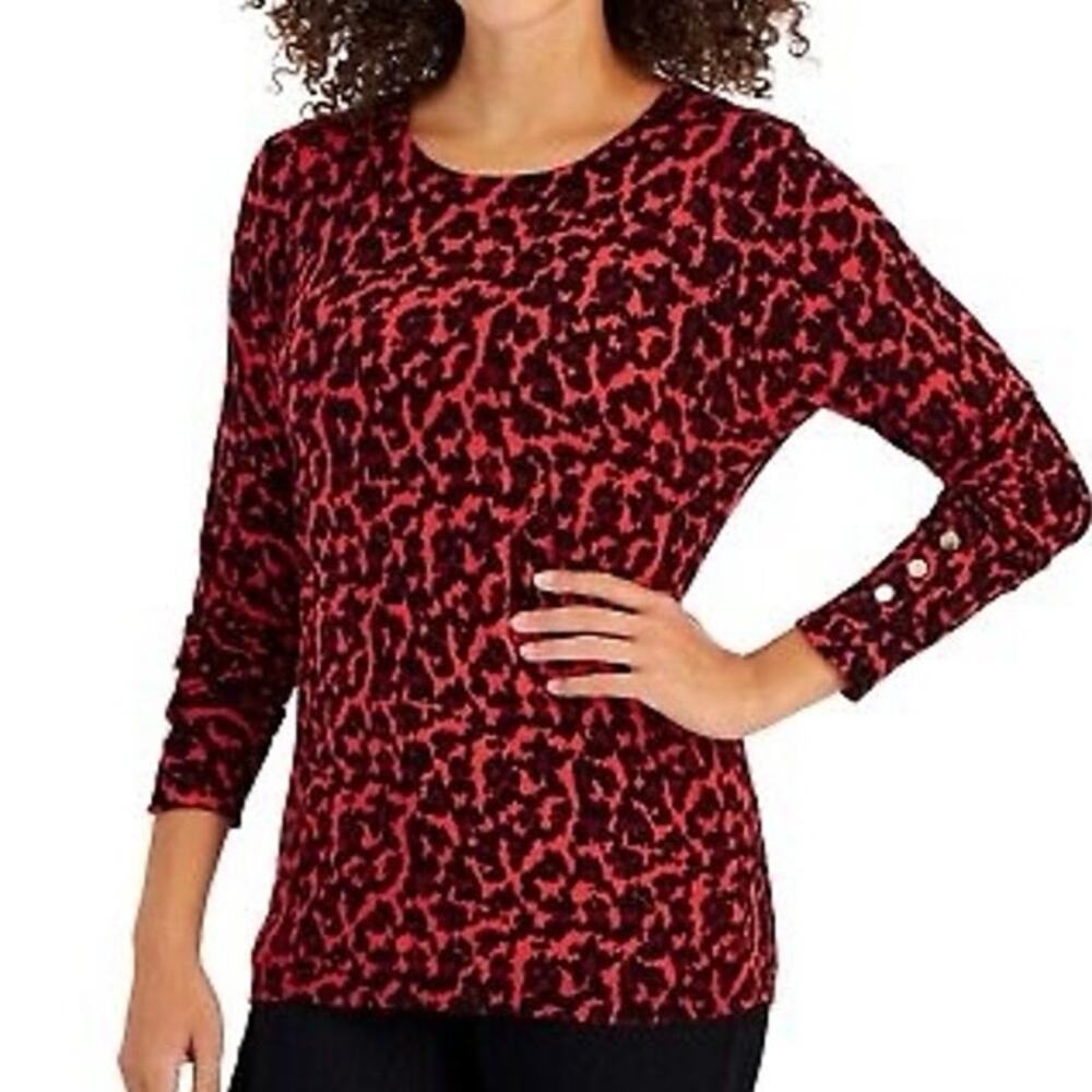 JM COLLECTION Red Leopard Gold-Tone Button Sleeve Detail Knit Sweater Top - Sz M